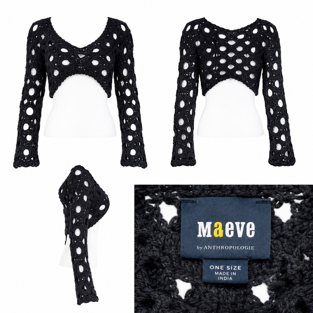 Maeve Anthropologie Crochet Shrug Womens OS Black Open Knit Cotton Bolero Boho